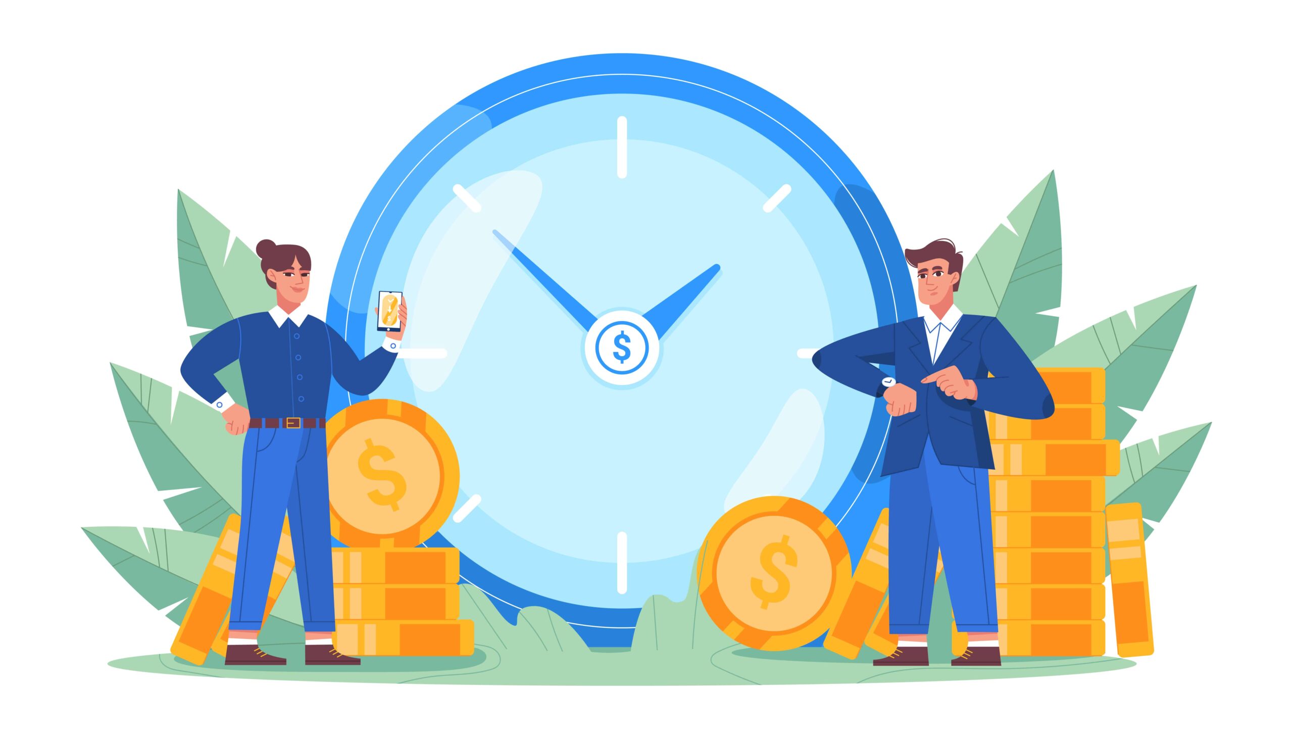 Time is money. Financial investment in stock market future and marketing planning of money growth with big clock, golden coins and business people. Save time concept in flat style vector illustration.